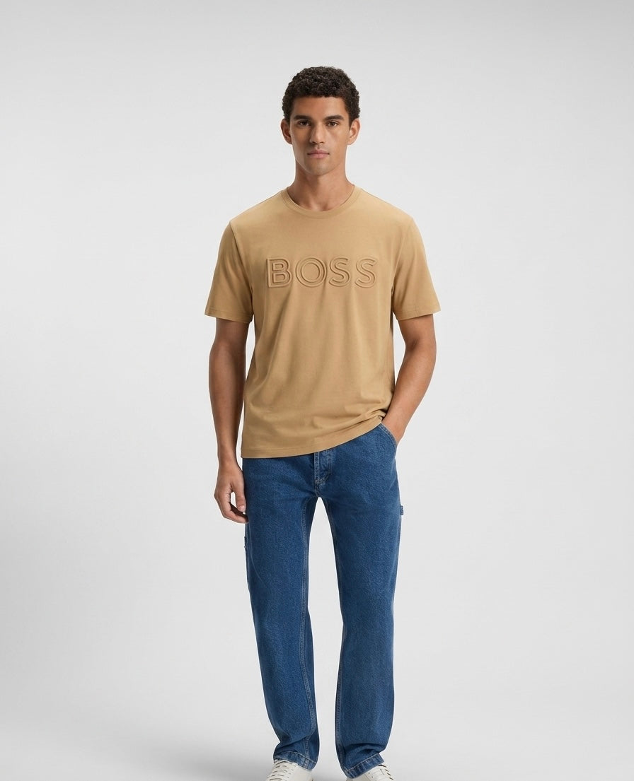 BOSS Embossed Logo Cotton T-Shirt – Beige