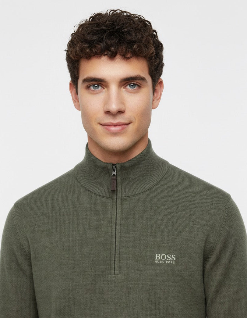 BOSS Men's Half-Zip Merino Knit Jumper with Tonal Logo - Olive Green