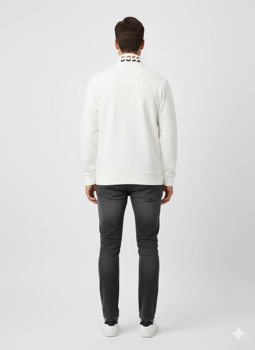 BOSS Men's Quarter-Zip Sweatshirt with Statement Logo Collar - White
