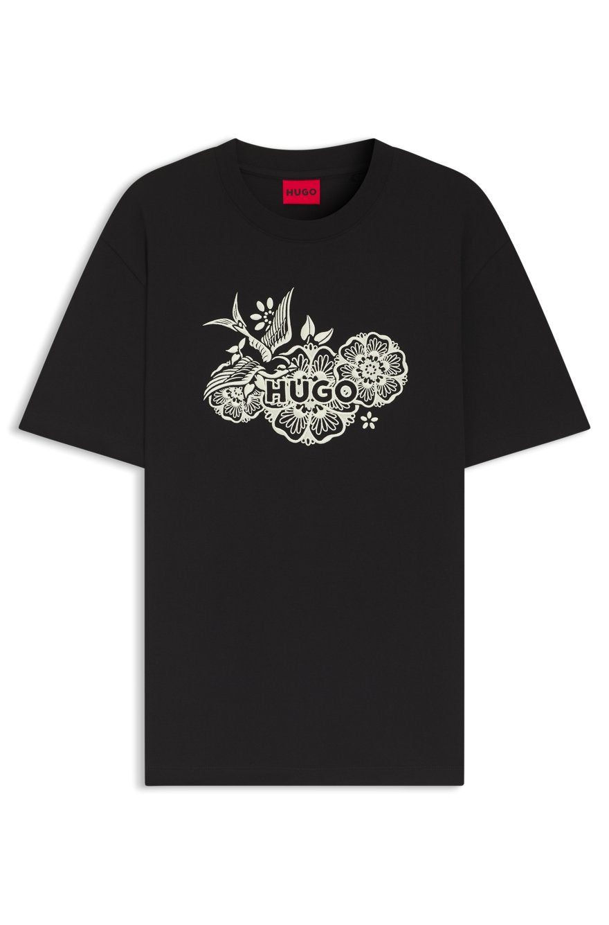 HUGO Menswear Relaxed-Fit T-Shirt with Japanese-Inspired Floral & Crane Graphic – Black