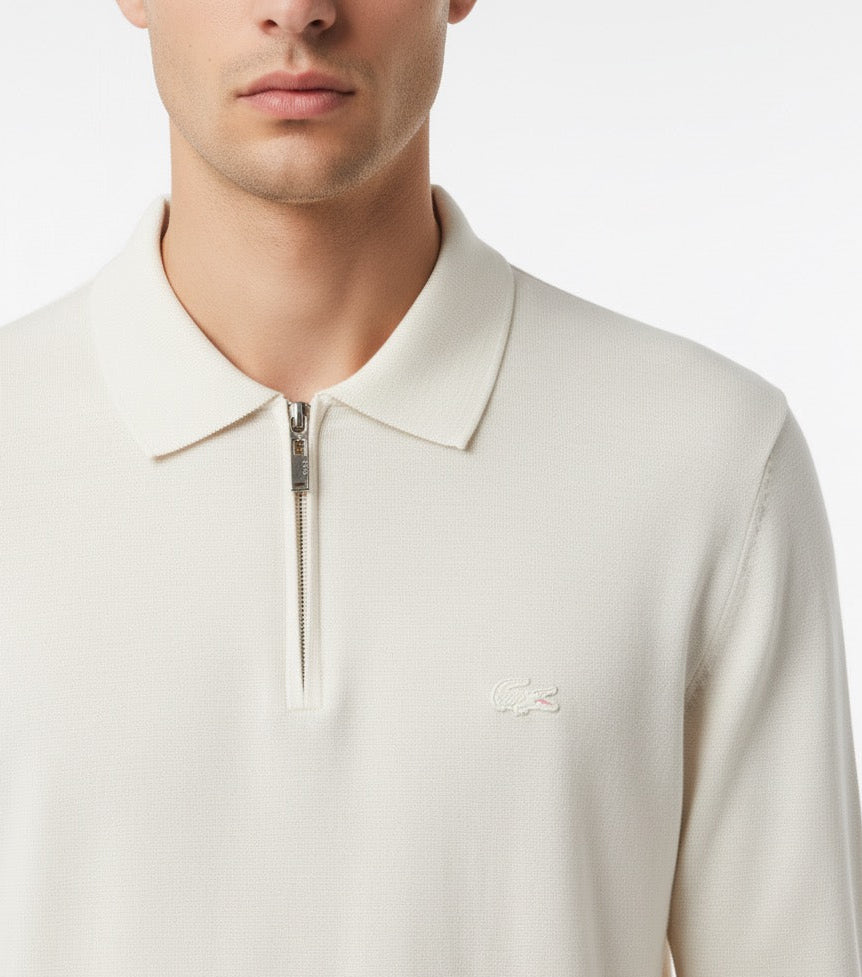Lacoste Men's Long-Sleeve Half-Zip Knit Polo Shirt - Off-White / Ecru
