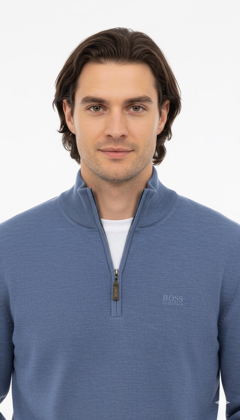BOSS Men's Half-Zip Merino Knit Jumper - Dusty Blue