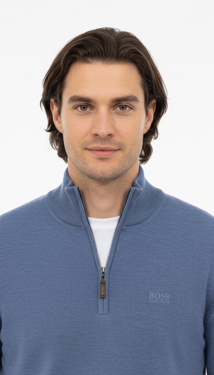 BOSS Men's Half-Zip Merino Knit Jumper - Dusty Blue