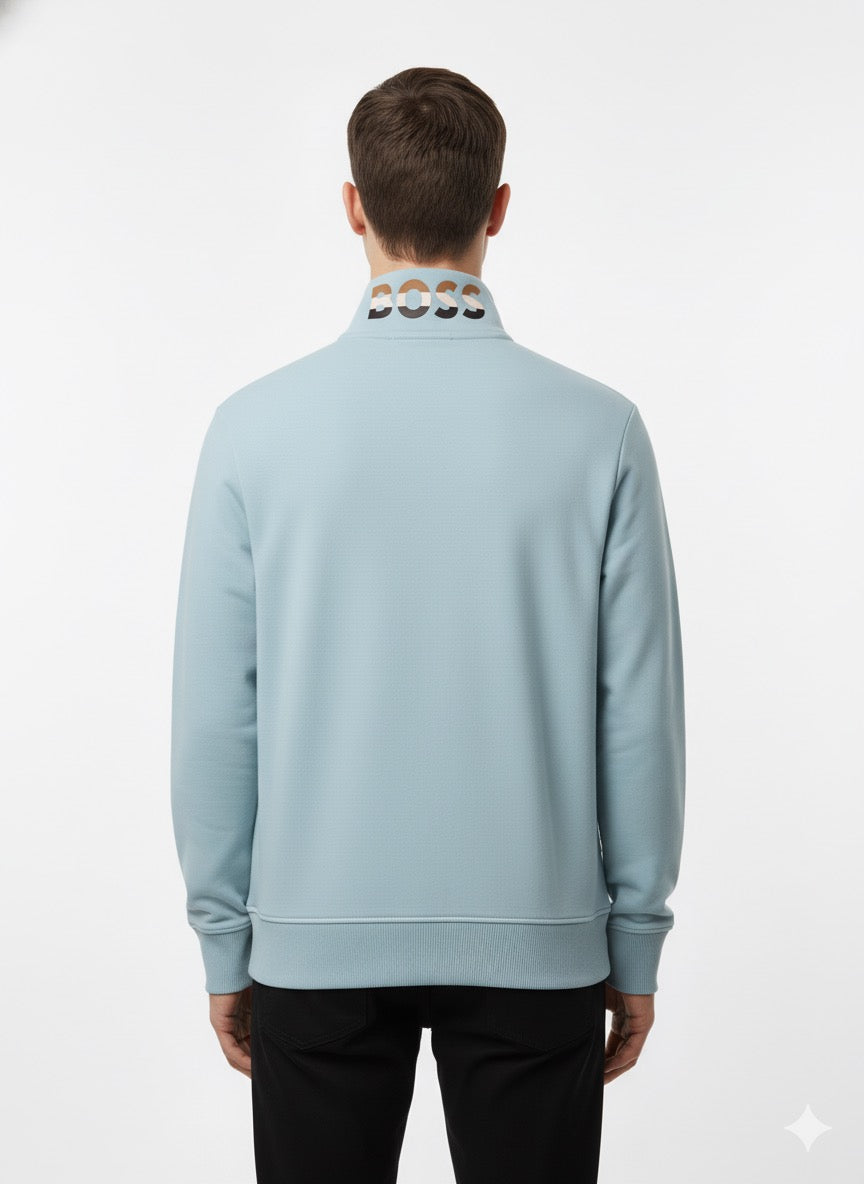 BOSS Light Blue Zip-Through Sweatshirt with Patterned Collar