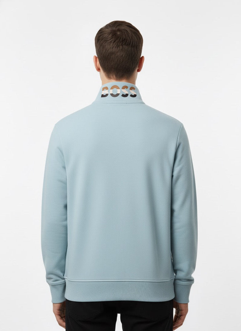 BOSS Light Blue Zip-Through Sweatshirt with Patterned Collar