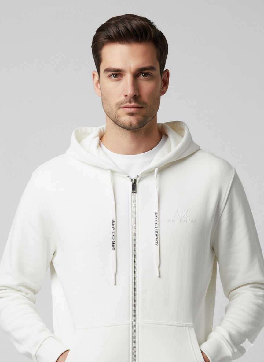 A|X Armani Exchange White Full-Zip Hoodie with Embossed Logo