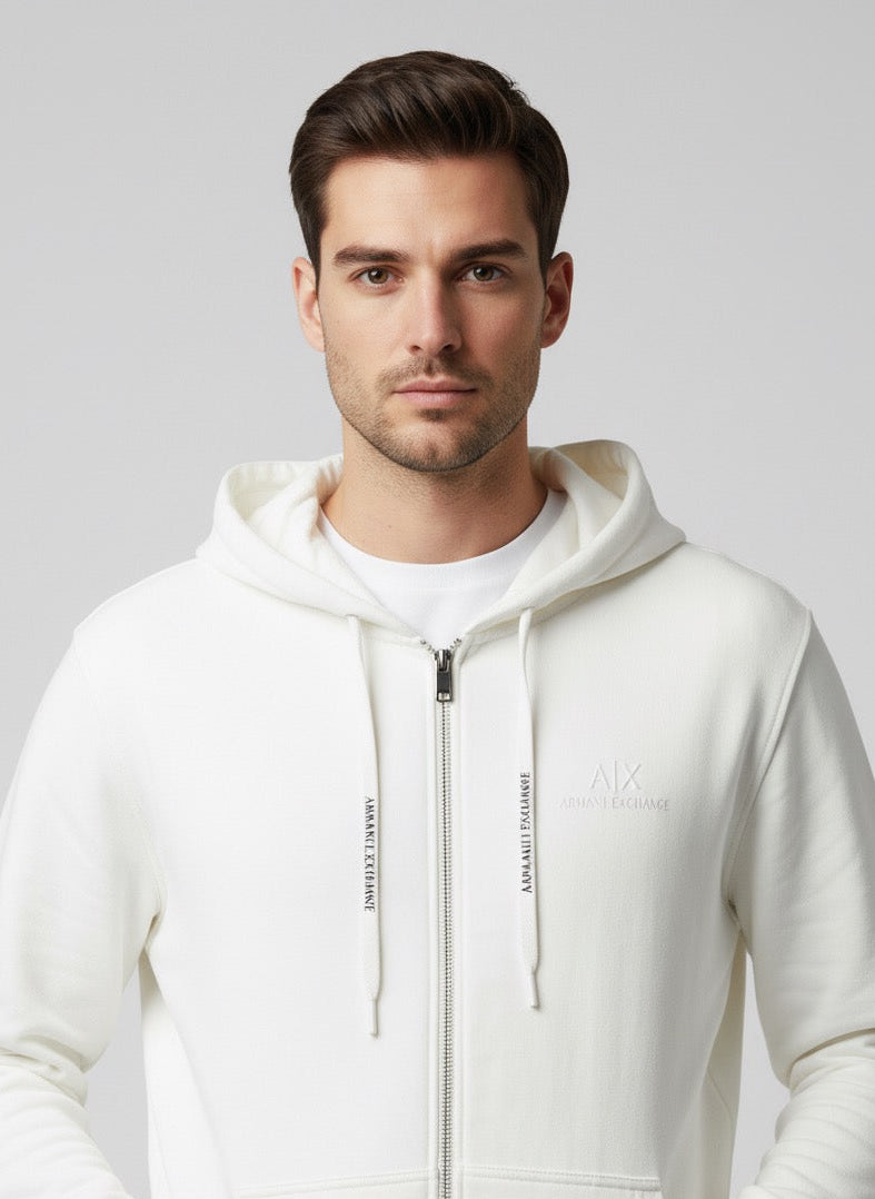 A|X Armani Exchange White Full-Zip Hoodie with Embossed Logo