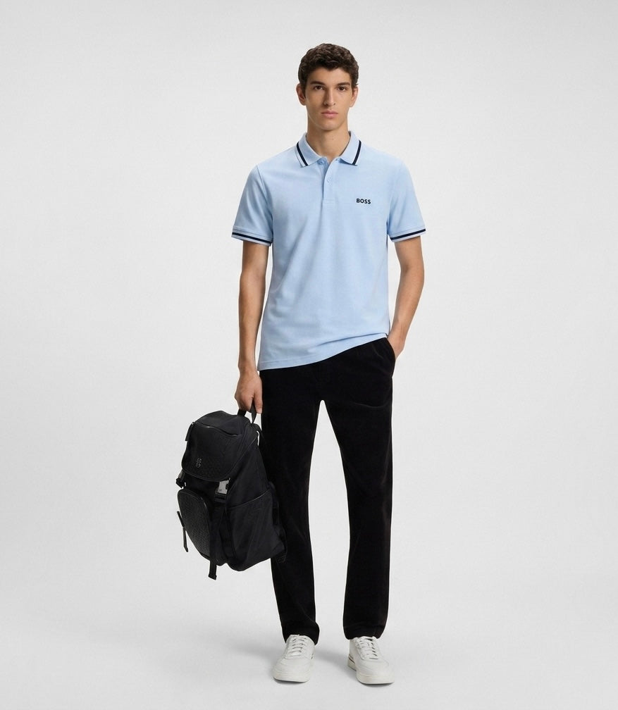 BOSS Men's Pique Cotton Polo Shirt in Light Blue with Contrast Tipping