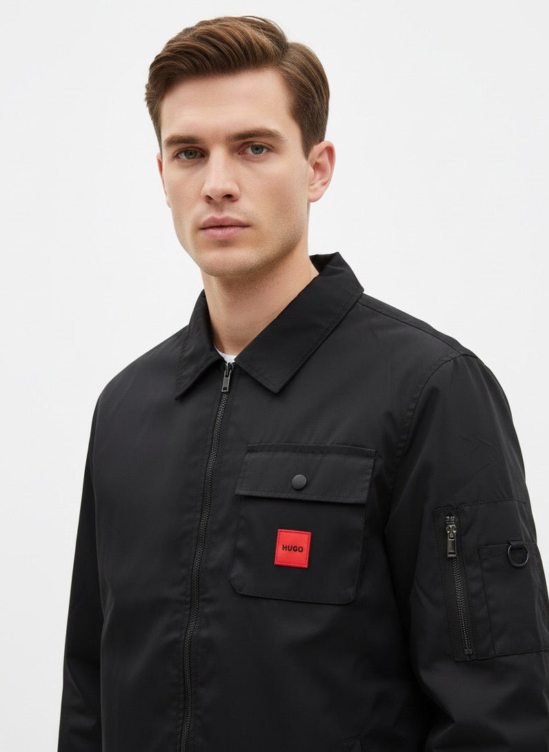HUGO Black Collared Zip-Through Workwear Jacket
