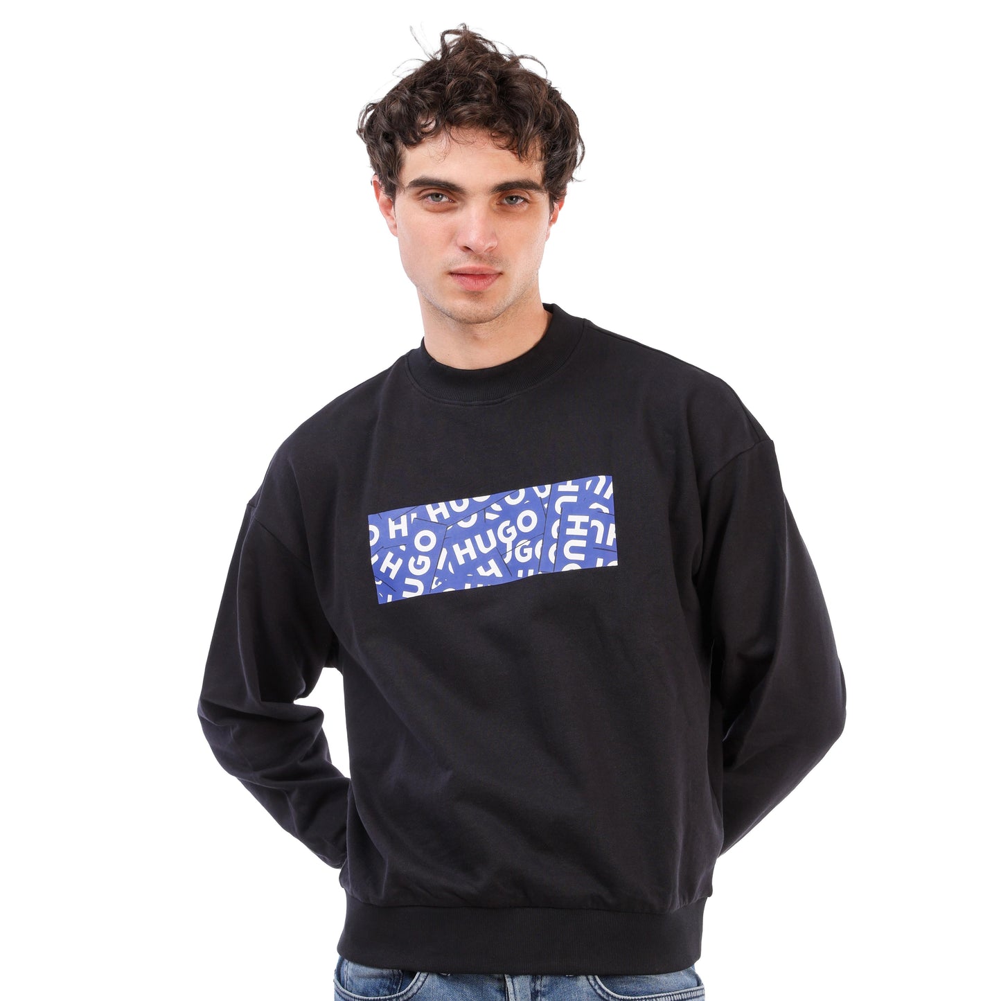 HUGO Relaxed-Fit Logo-Box Crew-Neck Sweatshirt