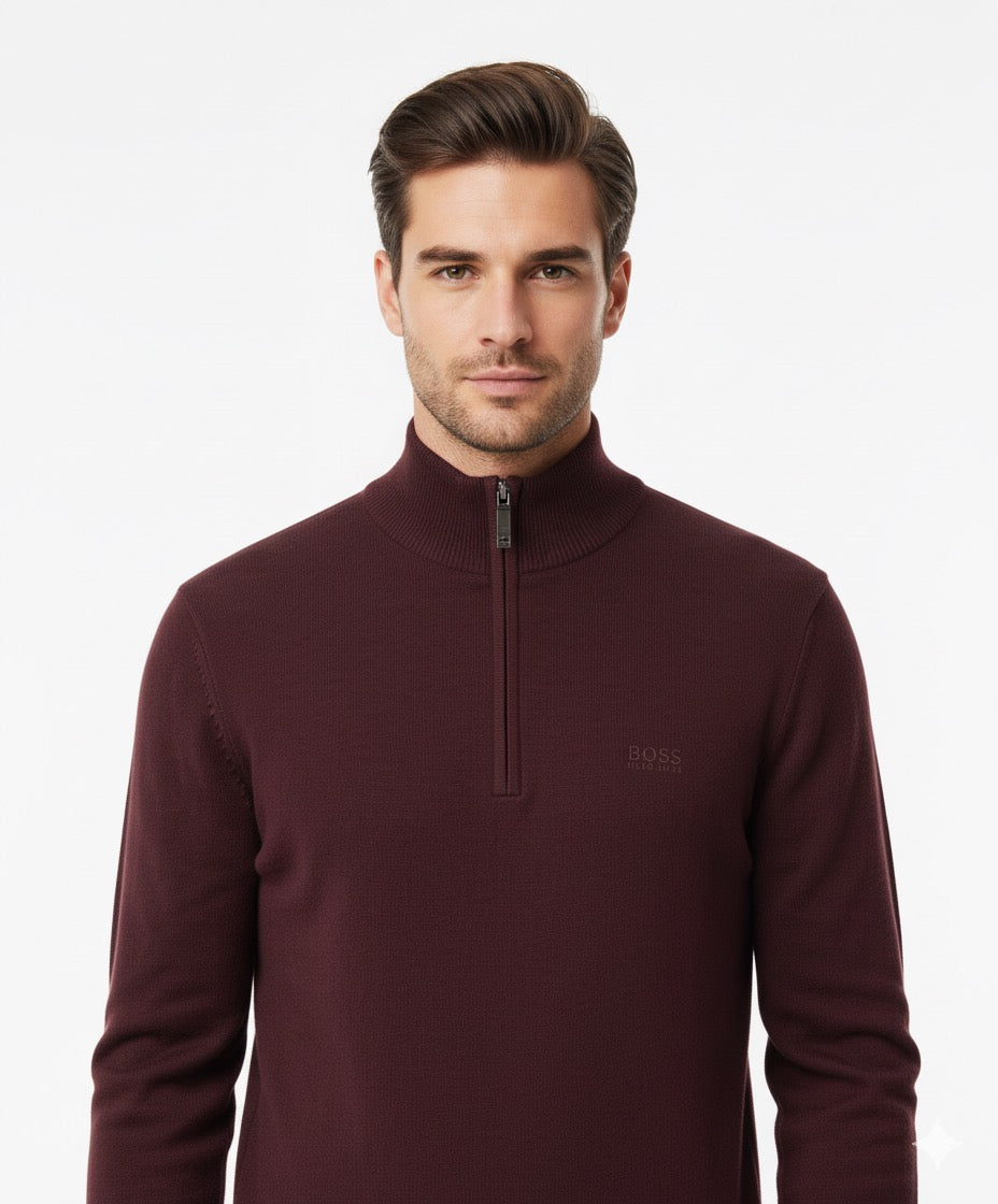 BOSS Men's Half-Zip Knit Jumper - Dark Red / Burgundy