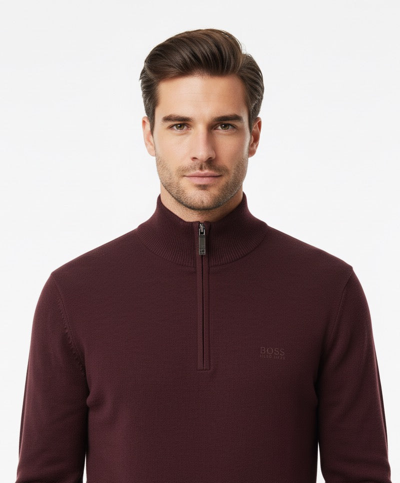 BOSS Men's Half-Zip Knit Jumper - Dark Red / Burgundy