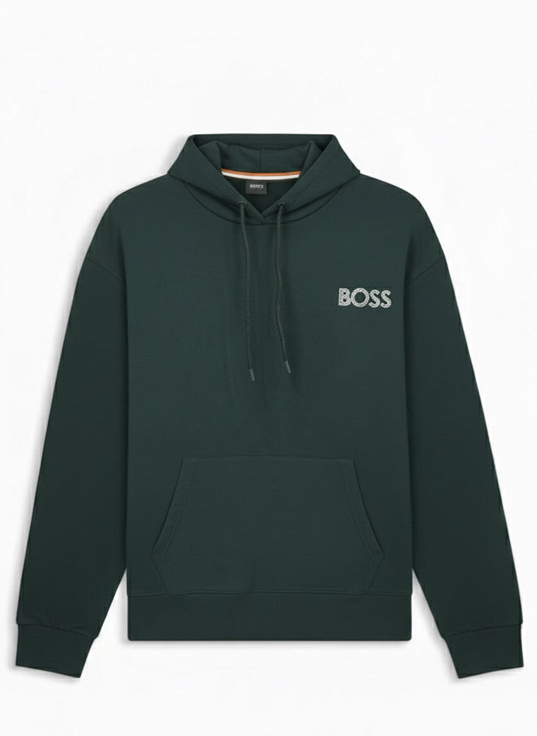 BOSS Dark Green Pullover Hoodie with Textured Logo