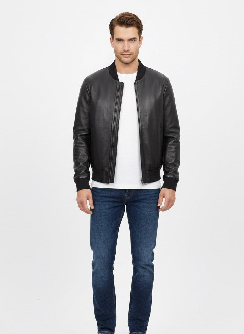 Moncler Black Leather Bomber Jacket with Embossed Back Logo