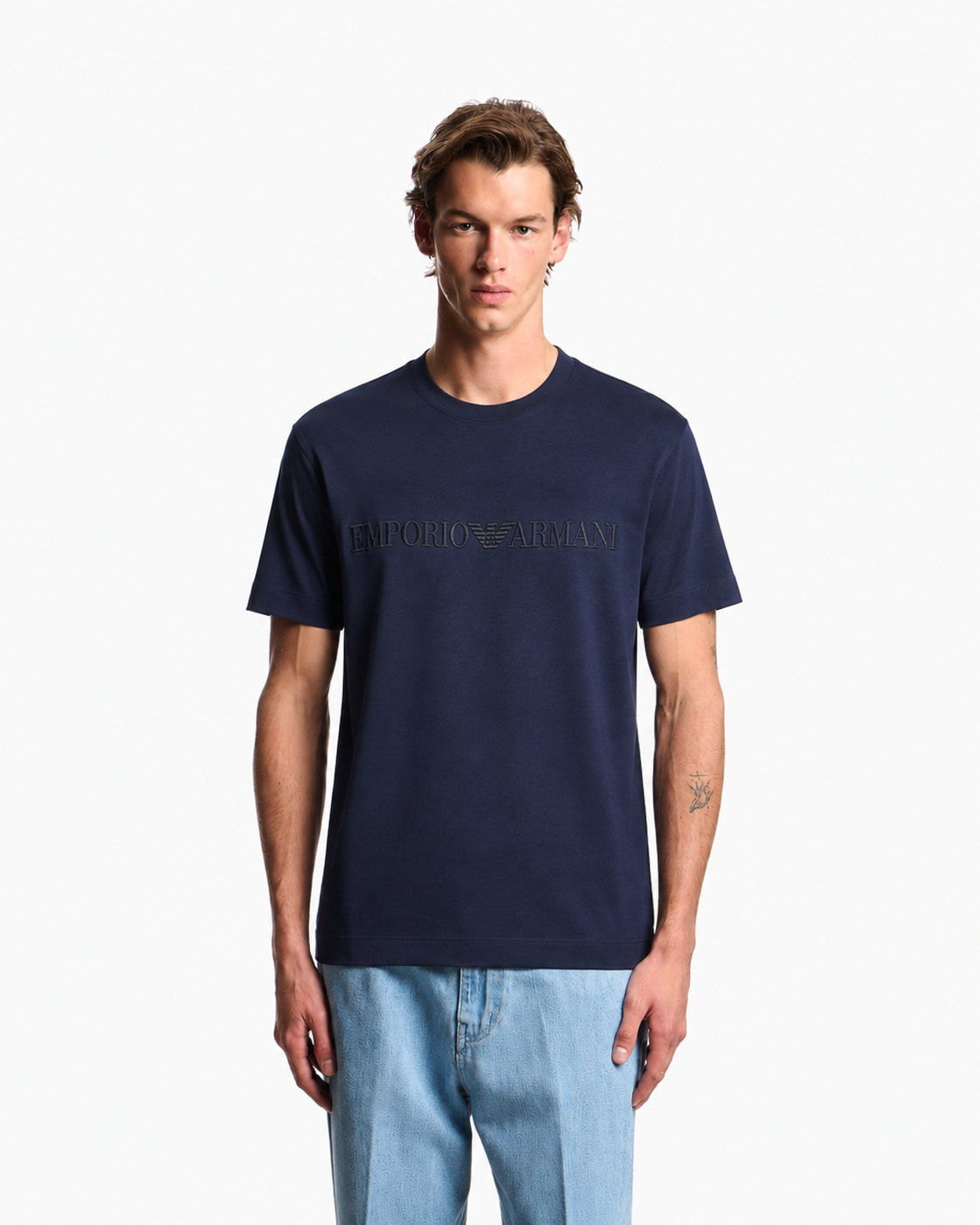 Emporio Armani T-Shirt with Embroidered Outline Logo – Navy Blue