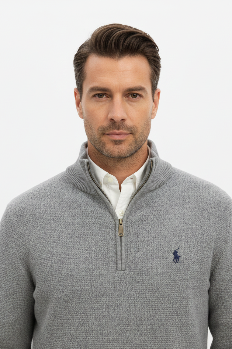 Polo Ralph Lauren Men’s Cotton Mesh Quarter-Zip Sweater – Heather Grey