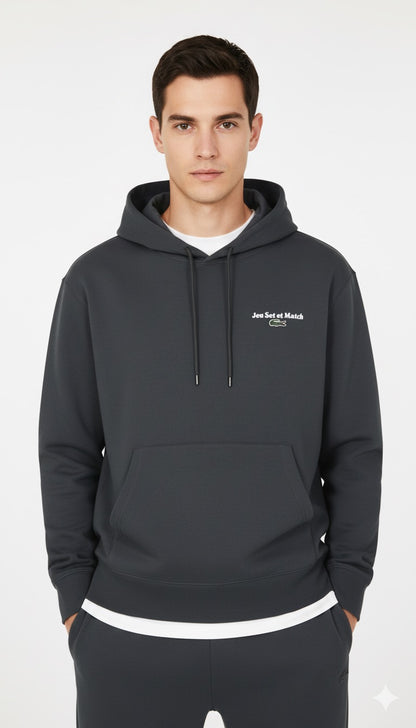 Lacoste Dark Grey Fleece Hoodie - "Jeu Set et Match" Embroidery