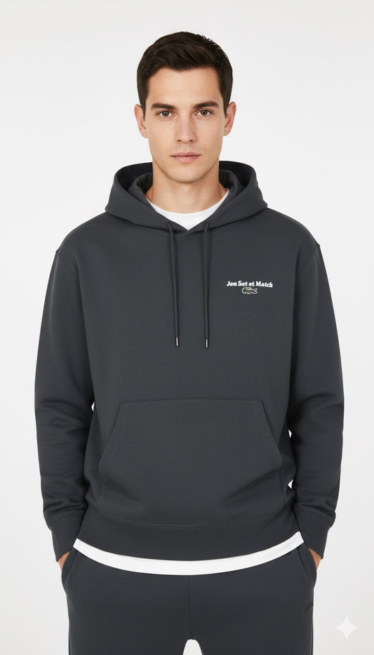 Lacoste Dark Grey Fleece Hoodie - "Jeu Set et Match" Embroidery