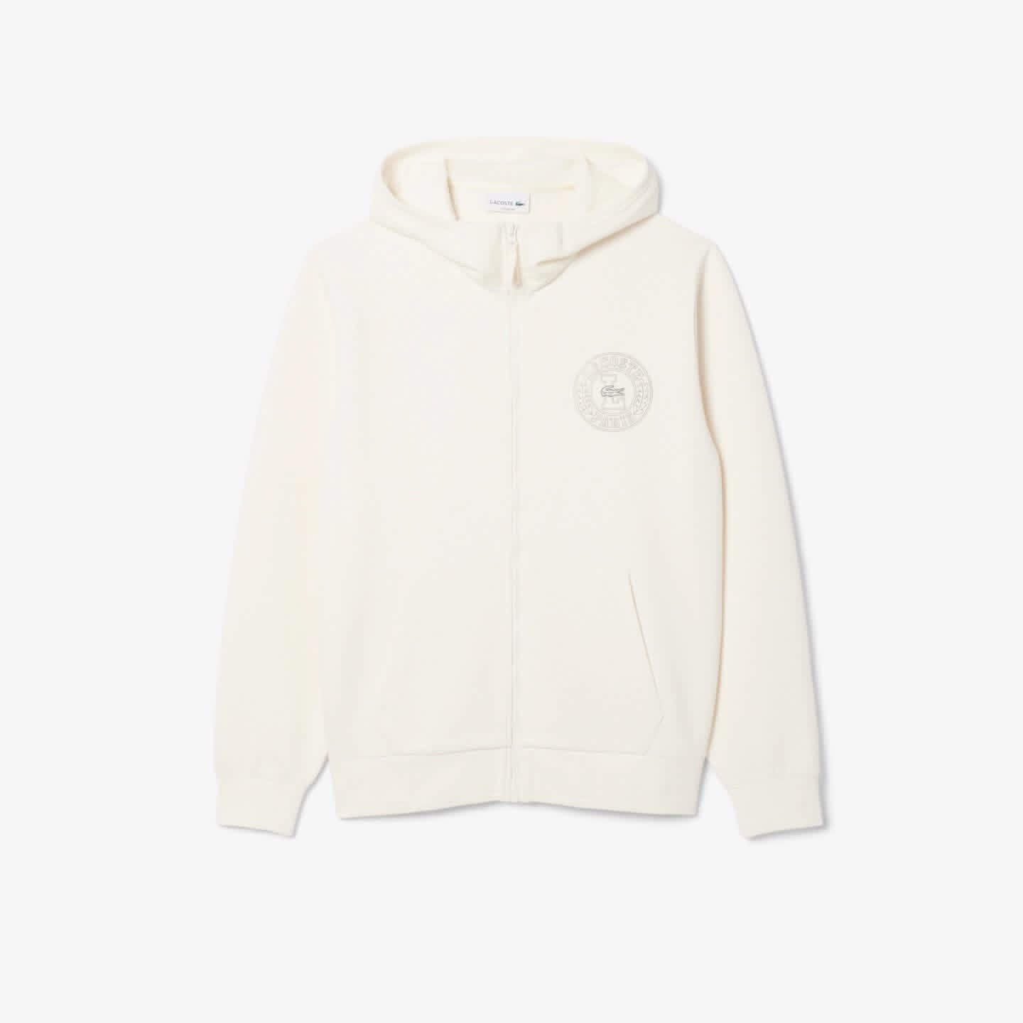 Lacoste Premium Full-Zip Hoodie - Tonal Embroidered Crocodile Badge (Cream/Off-White)