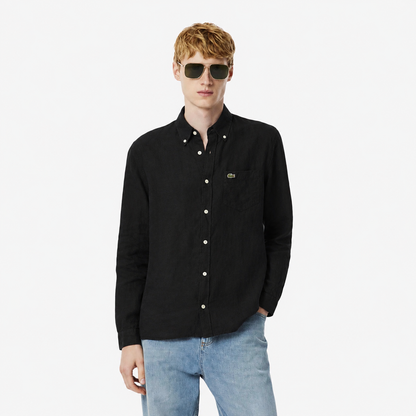 Lacoste Regular Fit Embroidered Crocodile Long-Sleeve Linen Shirt – Jet Black