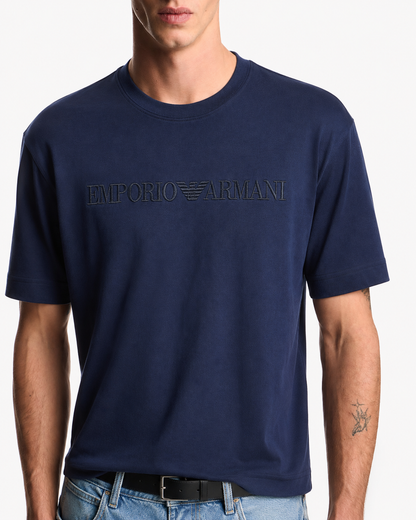 Emporio Armani T-Shirt with Embroidered Outline Logo – Navy Blue
