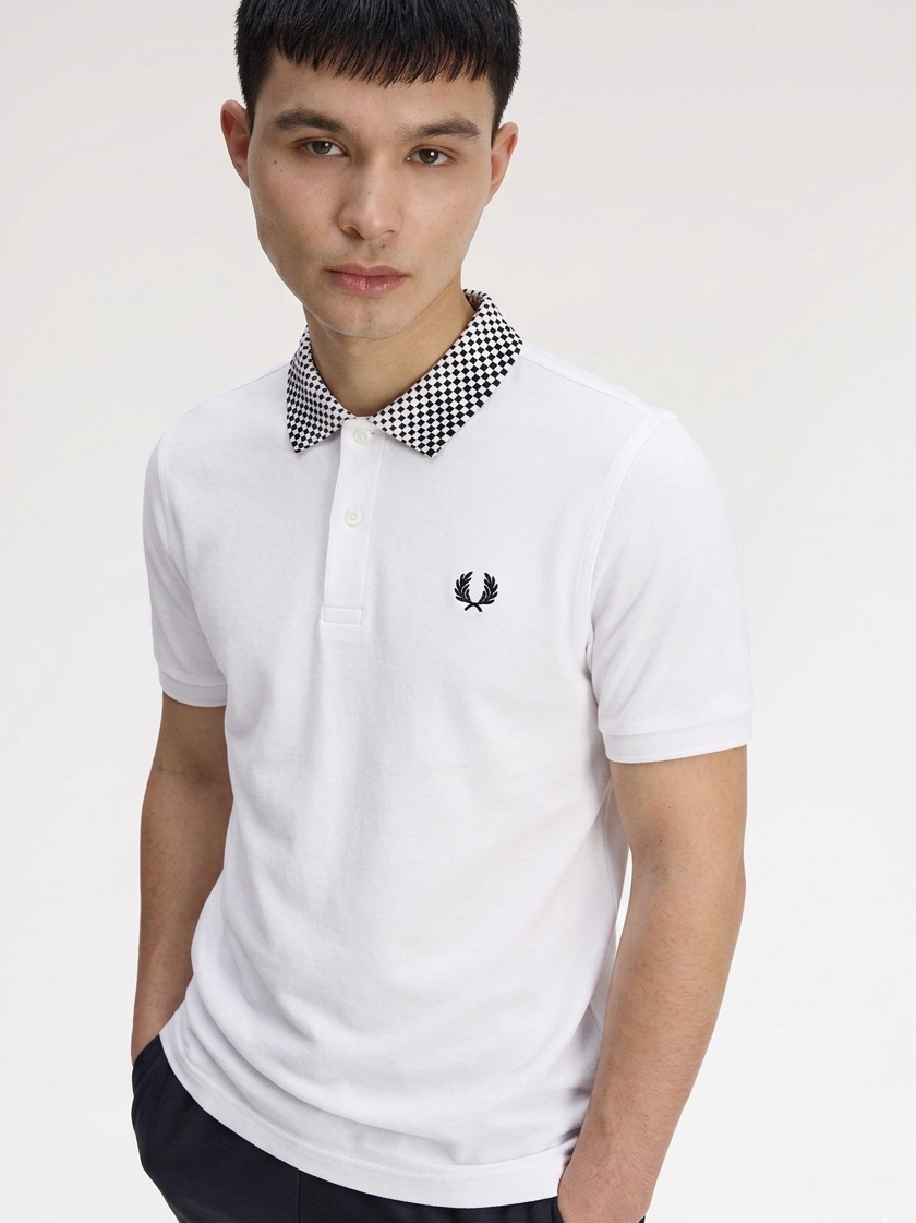 Fred Perry Checkerboard Collar Pique Polo Shirt – White