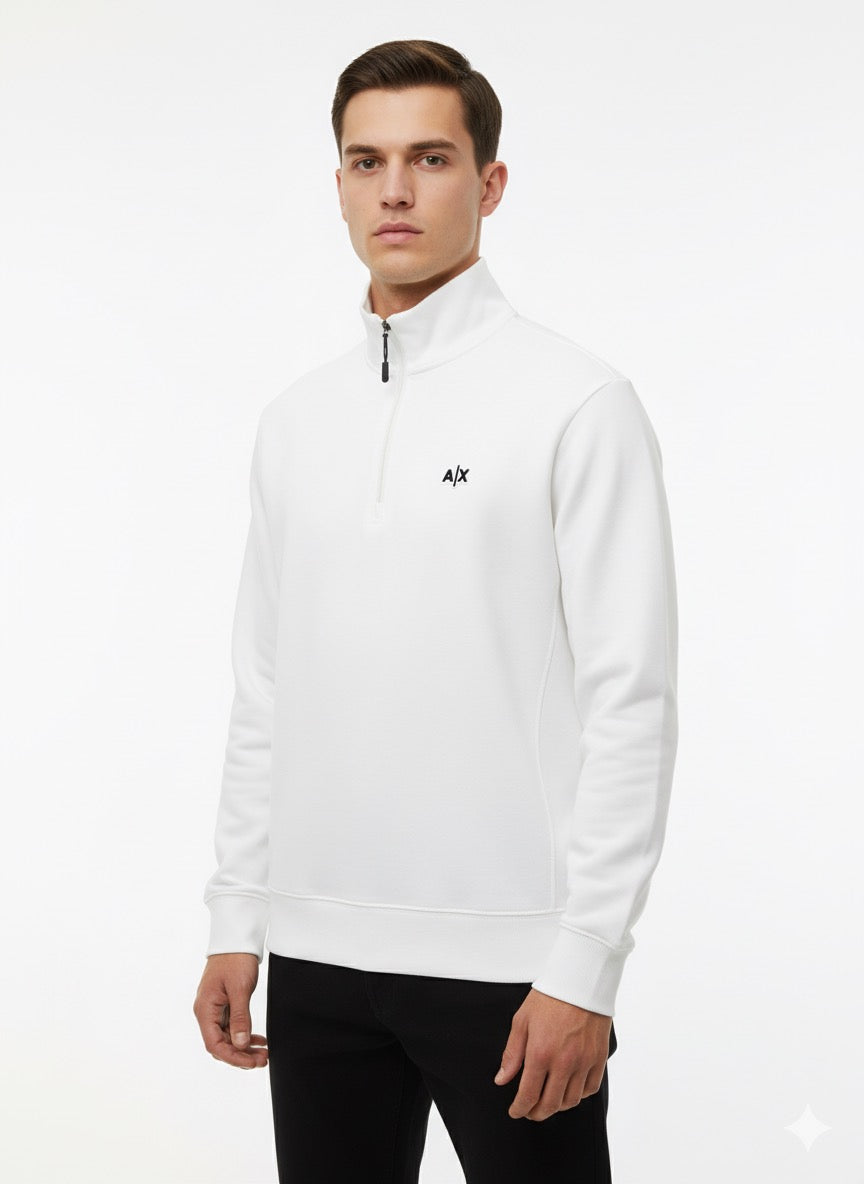 A|X Armani Exchange White Quarter-Zip High-Neck Sweatshirt