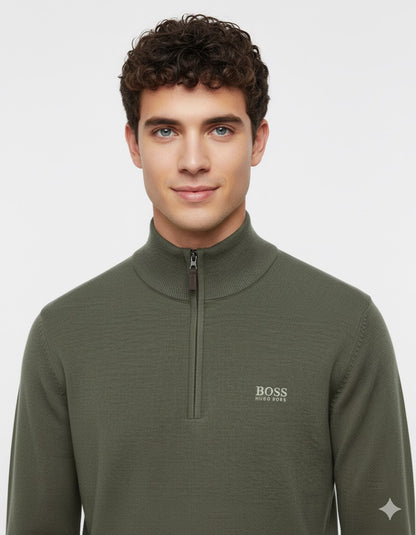 BOSS Men's Half-Zip Merino Knit Jumper with Tonal Logo - Olive Green