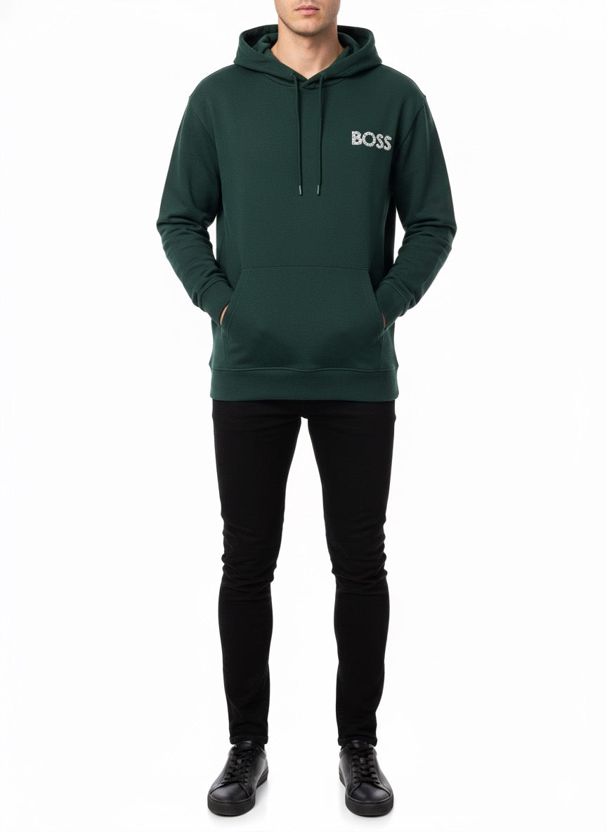 BOSS Dark Green Pullover Hoodie with Textured Logo