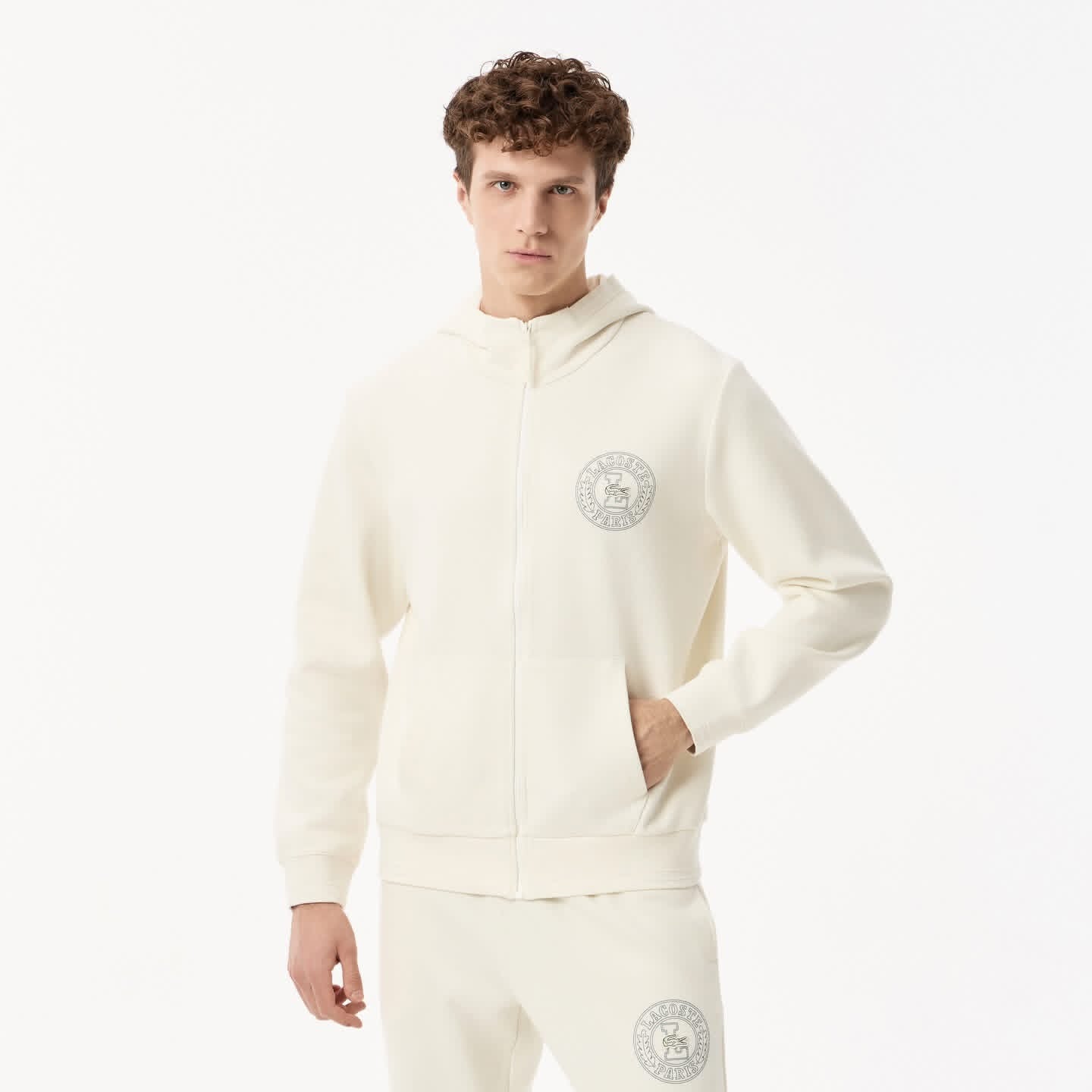Lacoste Premium Full-Zip Hoodie - Tonal Embroidered Crocodile Badge (Cream/Off-White)