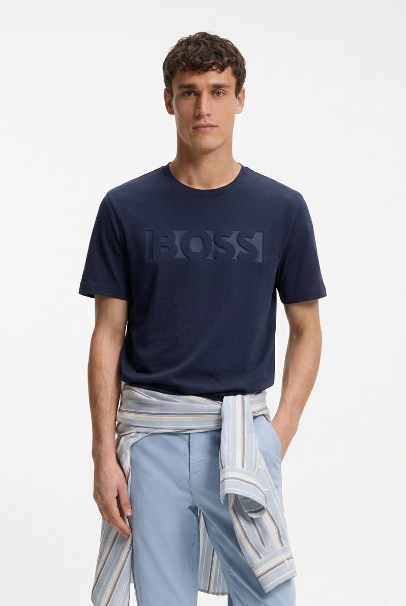 BOSS Embossed-Logo Cotton T-Shirt in Navy Blue