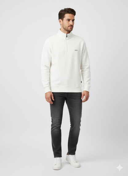 BOSS Men's Quarter-Zip Sweatshirt with Statement Logo Collar - White