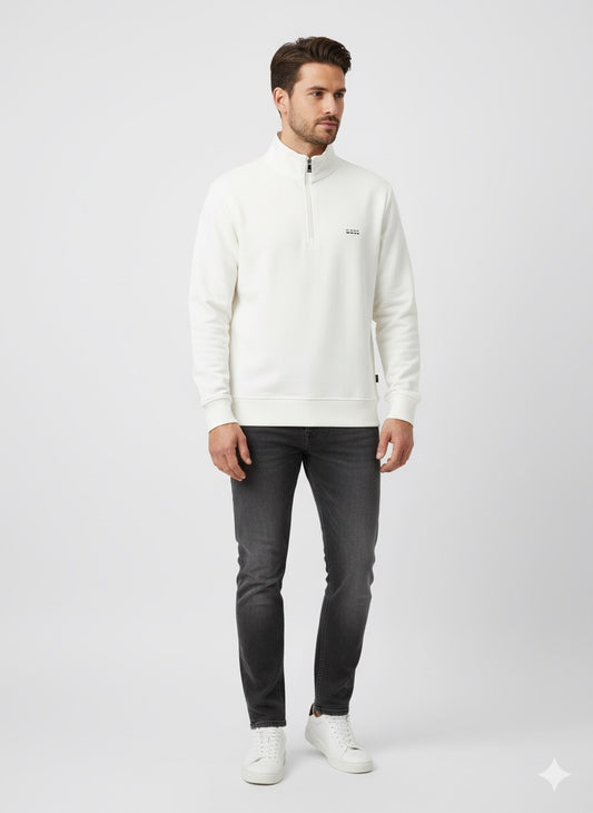 BOSS Men's Quarter-Zip Sweatshirt with Statement Logo Collar - White
