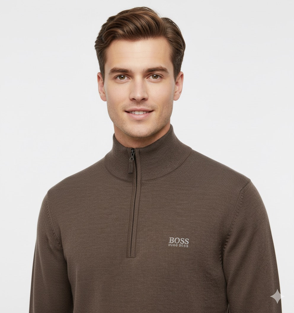 BOSS Men's Half-Zip Merino Wool Jumper with Stand Collar - Taupe Brown