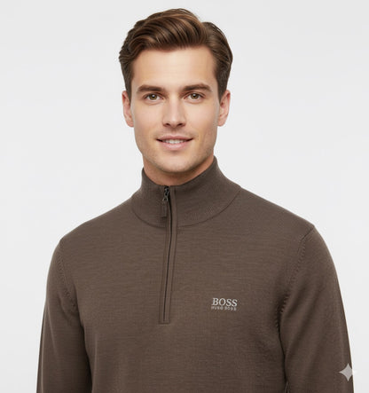 BOSS Men's Half-Zip Merino Wool Jumper with Stand Collar - Taupe Brown