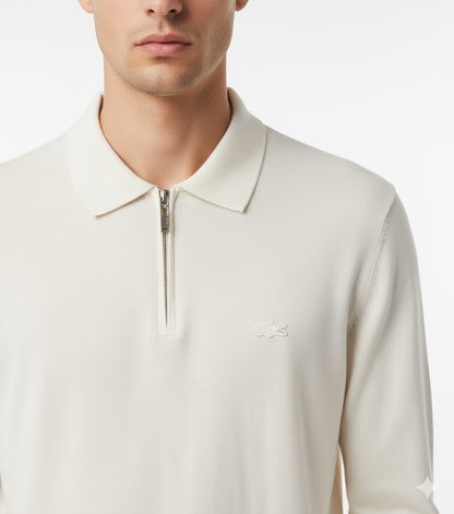 Lacoste Men's Long-Sleeve Half-Zip Knit Polo Shirt - Off-White / Ecru
