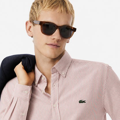 Lacoste Slim Fit Vertical Striped Oxford Shirt – Soft Pink / White
