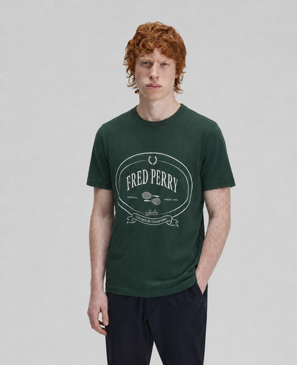 Fred Perry Crew Neck T-Shirt in Hunting Green with Heritage Graphic Print