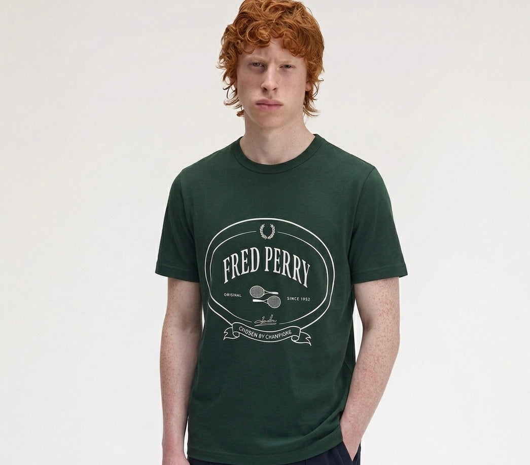 Fred Perry Crew Neck T-Shirt in Hunting Green with Heritage Graphic Print