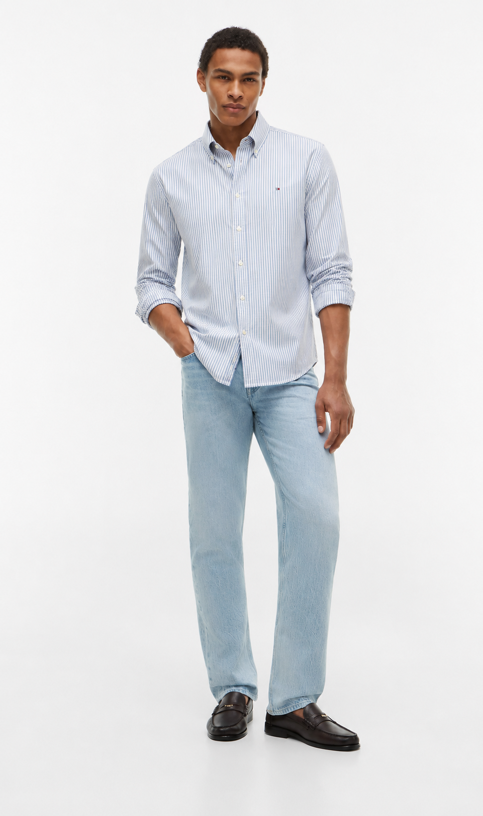 Tommy Hilfiger Slim Fit Long-Sleeved Fine Striped Poplin Cotton Shirt – Mid Blue/White