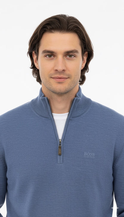 BOSS Men's Half-Zip Merino Knit Jumper - Dusty Blue
