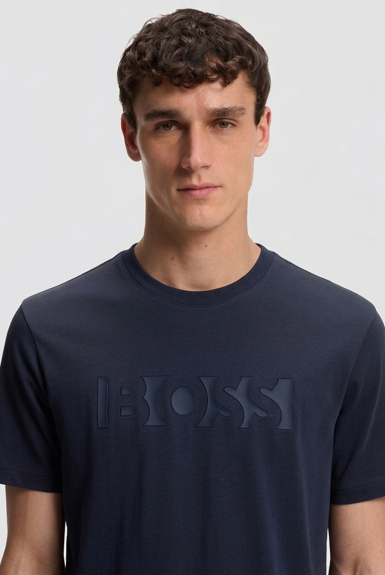 BOSS Embossed-Logo Cotton T-Shirt in Navy Blue