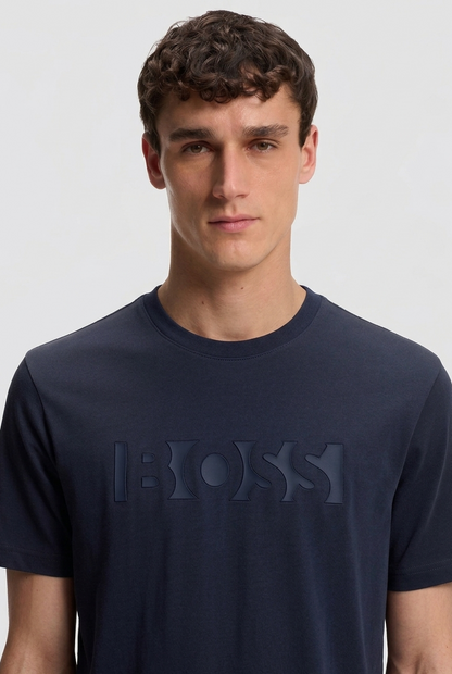 BOSS Embossed-Logo Cotton T-Shirt in Navy Blue
