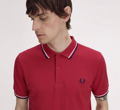 Fred Perry M3600 Slim-Fit Polo Shirt in Dark Red with Twin Tipped Detail