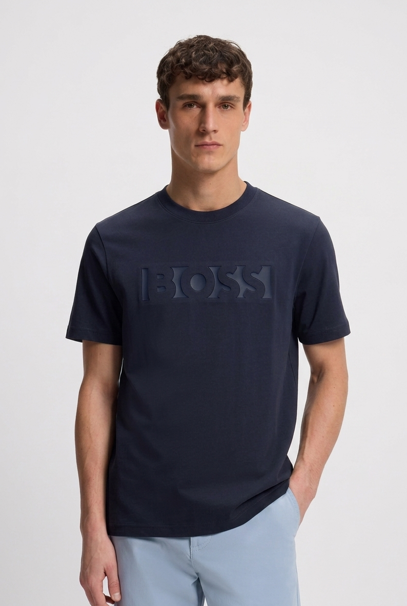 BOSS Embossed-Logo Cotton T-Shirt in Navy Blue