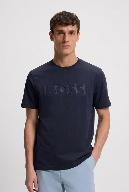 BOSS Embossed-Logo Cotton T-Shirt in Navy Blue