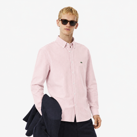 Lacoste Slim Fit Vertical Striped Oxford Shirt – Soft Pink / White