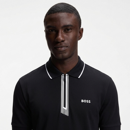 BOSS Paule Slim-Fit Polo Shirt in Black Cotton Piqué with Zip Neck