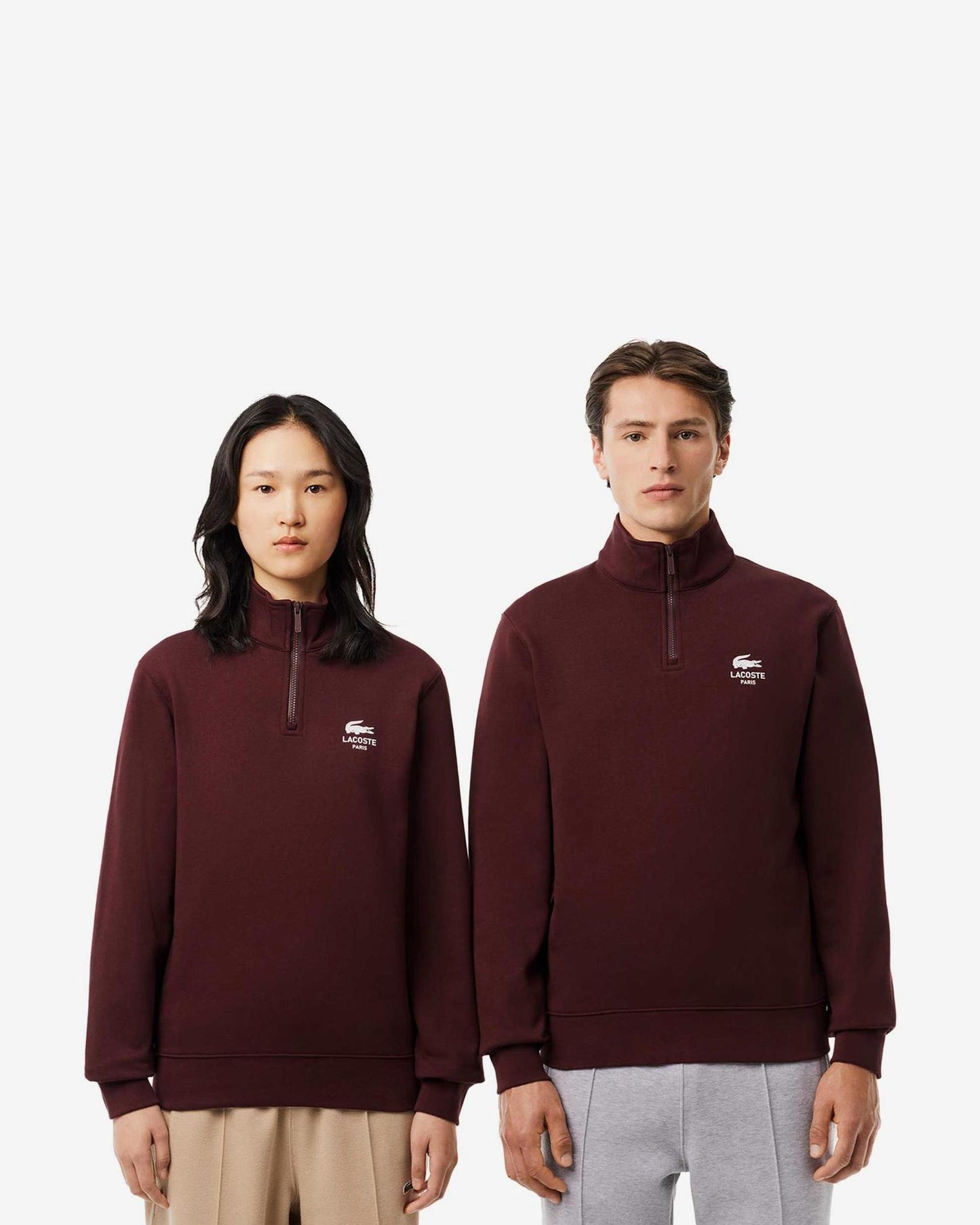 Lacoste High Neck Zip-Up Print Sweatshirt in burgundy