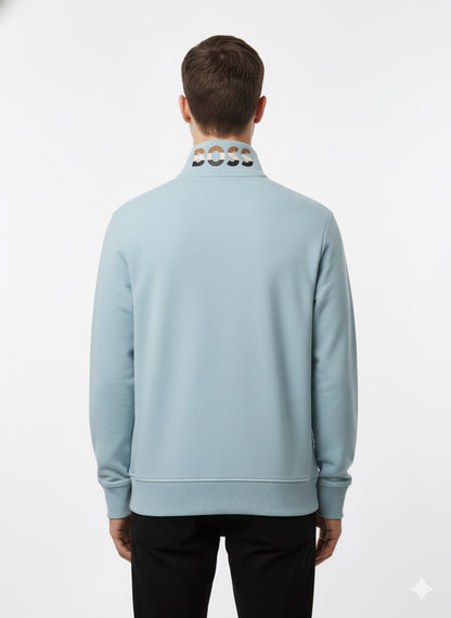 BOSS Light Blue Zip-Through Sweatshirt with Patterned Collar